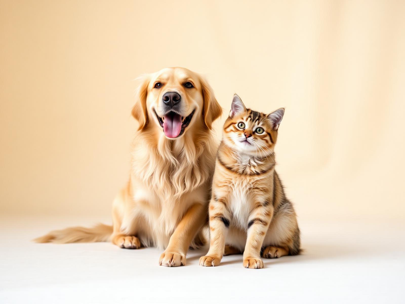 A golden retriever and a tabby cat sitting side by side